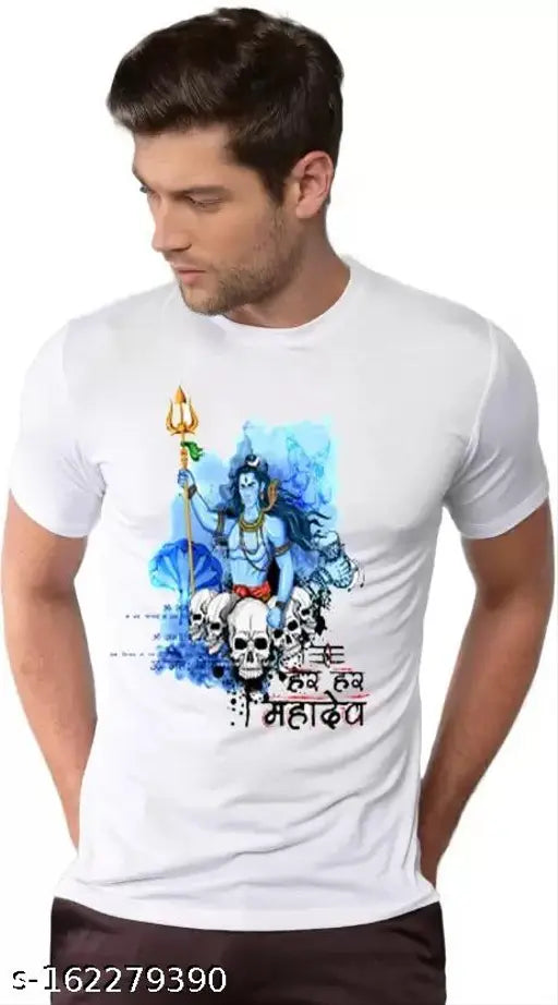 White polyester Mahadev printed round neck t-shirt for men and women, BHOOMI DECORS India
