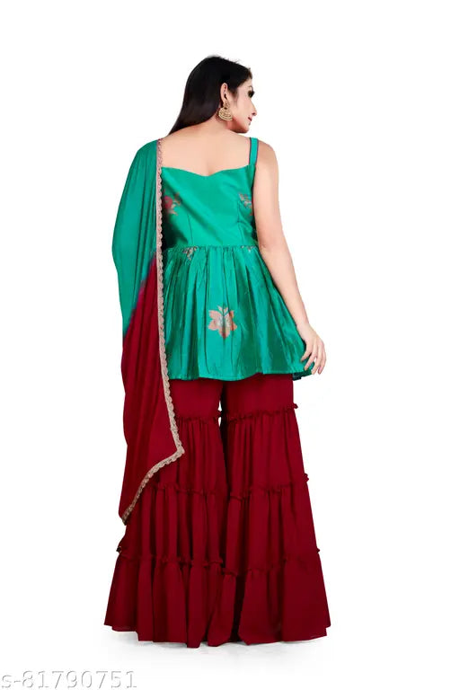 Viscose silk kurta with sharara and dupatta, printed net design in shades of trendy colors on georgette bottomwear. Single set available in sizes M, L, XL, XXL from India