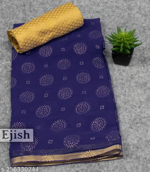 Chiffon Parmila Fashion Saree with brocade blouse, printed pattern and zari woven net, single piece, free size, Indian origin (Saree length: 5.5m, Blouse length: 0.8m)