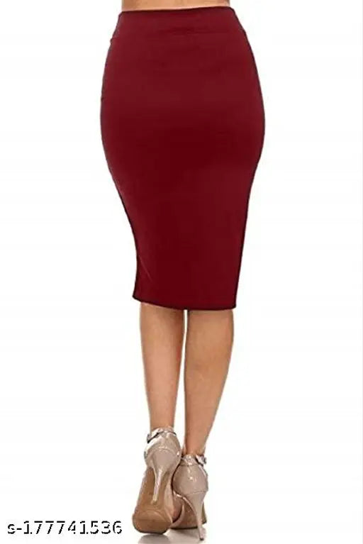 Polyester Lycra formal pencil midi skirt with elasticated waist belt, solid color, versatile for dinner or date night. Available sizes: 24, 26, 28, 30, 32, 34 (India origin)