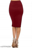 Polyester Lycra formal pencil midi skirt with elasticated waist belt, solid color, versatile for dinner or date night. Available sizes: 24, 26, 28, 30, 32, 34 (India origin)