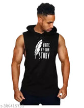 Black polyester sleeveless gym vest with "FASHNOBIC men write my own story" print, available in sizes M, L, XL, XXL
