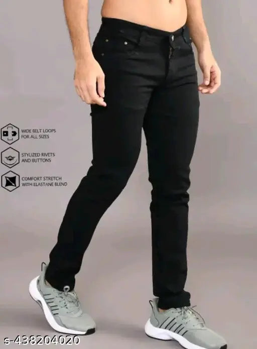 Black denim men's regular fit jeans, durable denim, stylish contemporary fashion