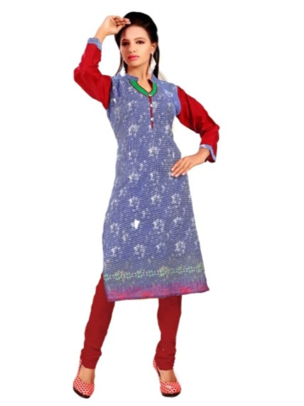 Red and blue women's cotton kurti with round neck and 3/4 sleeves, breathable fabric for comfortable wear