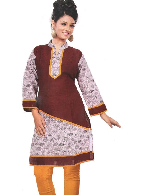 Brown and yellow cotton kurti for women, long length of 36.5 inches with 40-inch breath, 3/4 sleeves and mandarin collar style