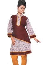 Brown and yellow cotton kurti for women, long length of 36.5 inches with 40-inch breath, 3/4 sleeves and mandarin collar style