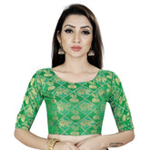 Green brocade inner-cotton padded blouse for women, full stitch detail