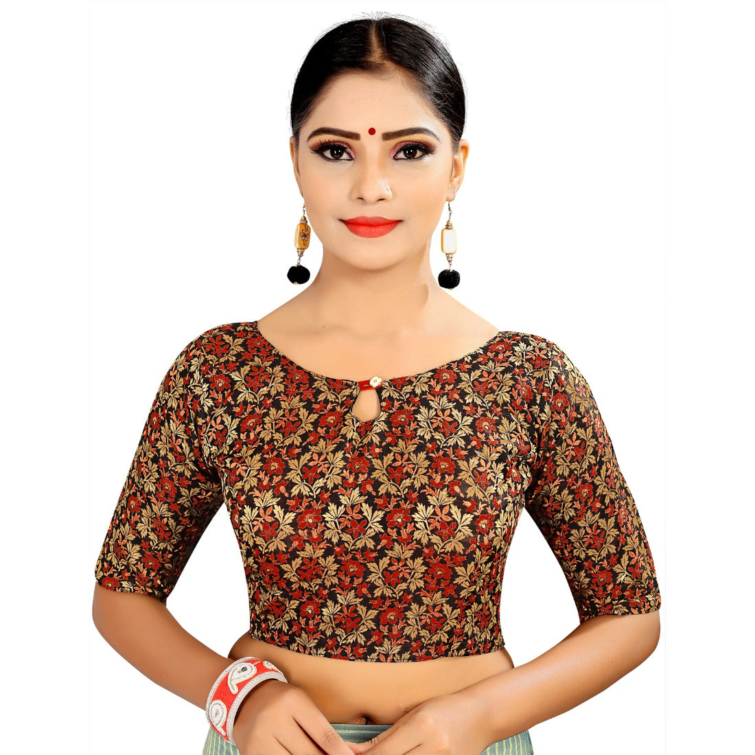 Black and red brocade inner-coton padded blouse for women, full stitch detail