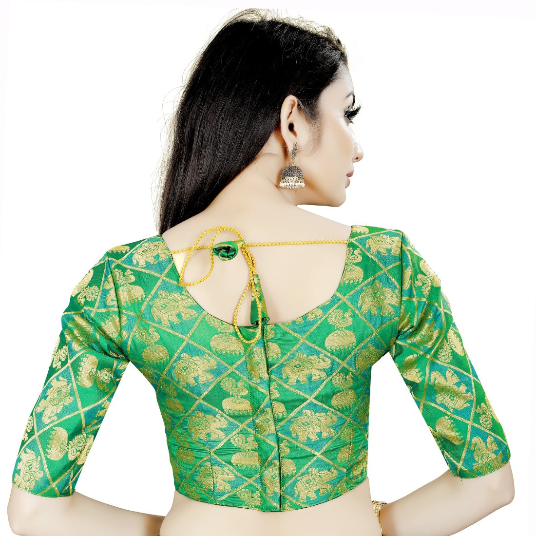 Green brocade inner-cotton padded blouse for women, full stitch detail