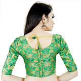 Green brocade inner-cotton padded blouse for women, full stitch detail