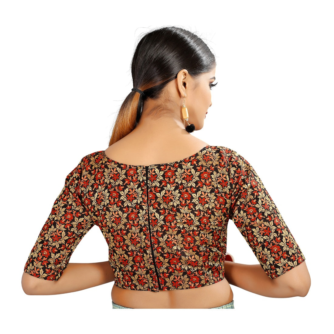 Black red brocade and inner-cotton padded blouse for women, full stitch detail