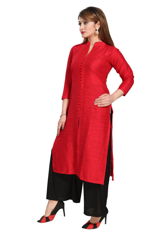 Red silk straight kurti, 3/4th sleeve, self-pattern design for casual or party wear (color variation possible)