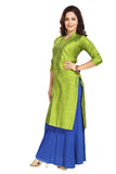 Green silk self-pattern straight kurti for women, 3/4th sleeve, casual or party wear