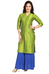 Green silk straight kurti for women, self-patterned with 3/4th sleeves, suitable for casual or party occasions