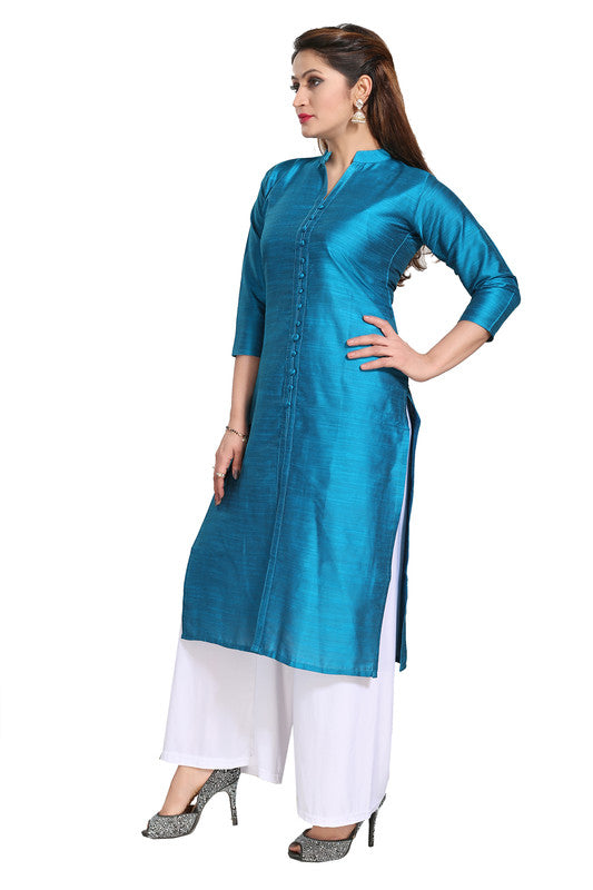 Blue silk self-pattern straight kurti for women, 3/4th sleeve, suitable for casual and party events