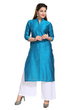 Blue silk straight kurti with 3/4th sleeves, self-pattern design for casual or party occasions, women's wear