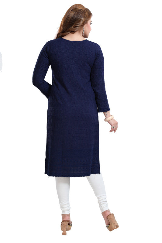 Navy Blue Rayon Embroidered Straight Kurti for women, 3/4th sleeve, casual or party occasion