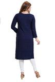 Navy Blue Rayon Embroidered Straight Kurti for women, 3/4th sleeve, casual or party occasion