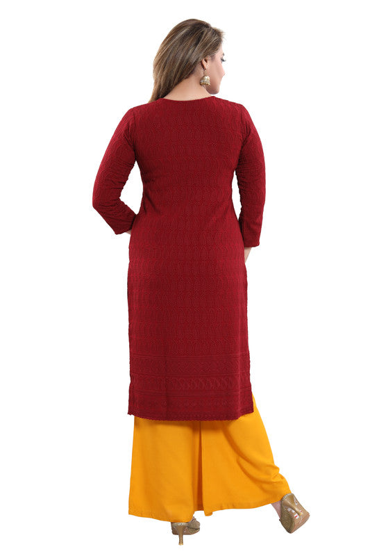 Maroon rayon embroidered straight kurti for women, 3/4th sleeve, casual and party wear