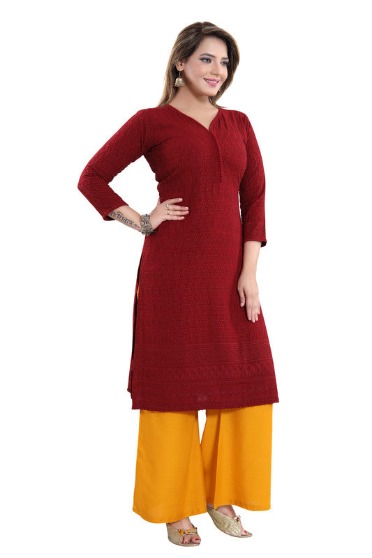 Maroon rayon embroidered straight kurti for women, 3/4th sleeve, casual & party occasion