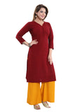 Maroon rayon embroidered straight kurti for women, 3/4th sleeve, casual & party occasion