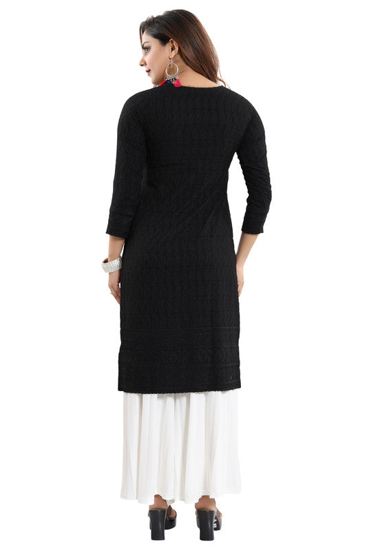 Black rayon embroidered straight kurti, 3/4th sleeve, casual & party wear for women