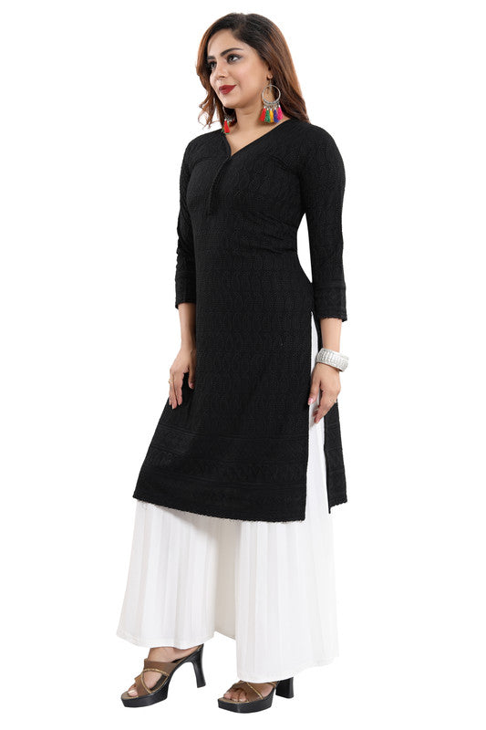 Black Rayon embroidered straight kurti for women, 3/4th sleeve, casual and party occasion
