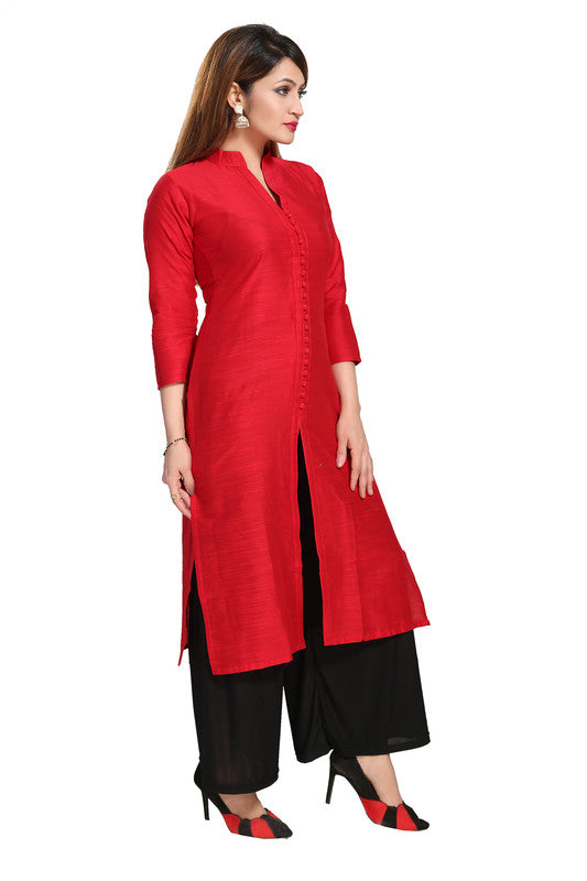 Red silk straight kurti for women, 3/4th sleeve, self-pattern style for casual or party occasions