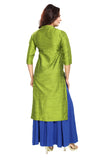 Green silk straight kurti for women, self-patterned with 3/4th sleeves, suitable for casual or party occasions