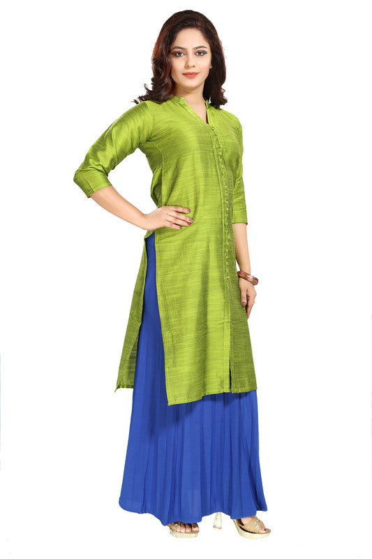Green silk self-pattern straight kurti with 3/4th sleeves, suitable for casual or party wear, women's clothing in silk fabric