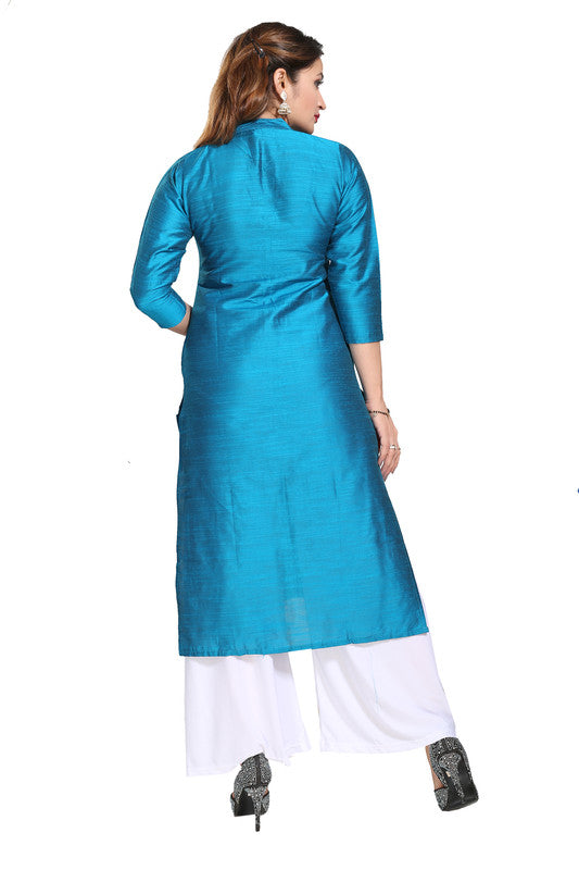Blue Silk Self-Pattern Straight Kurti for Women, 3/4th sleeve, casual or partywear