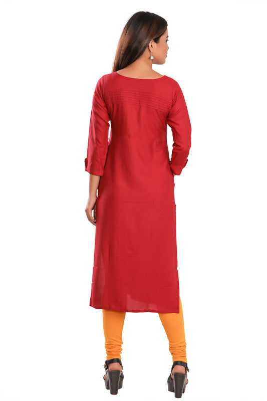 Maroon rayon self-pattern straight kurti for casual or party wear, 3/4th sleeve, women's clothing