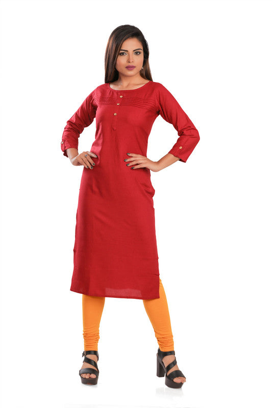 Maroon rayon self-pattern straight kurti for women, 3/4th sleeve, suitable for casual or party occasions