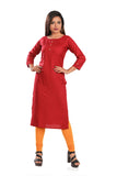 Maroon rayon self-pattern straight kurti for women, 3/4th sleeve, suitable for casual or party occasions