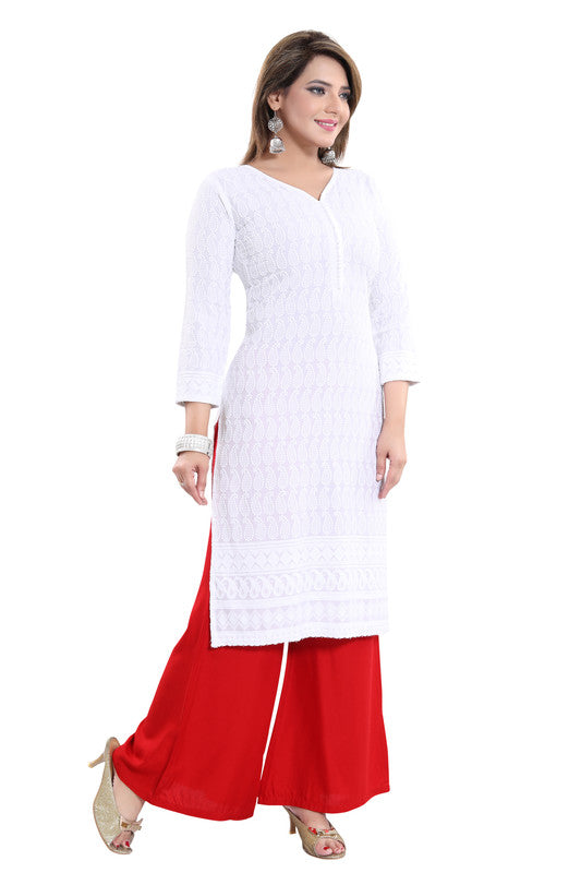 White rayon embroidered straight kurti with 3/4th sleeves, perfect for casual or party wear (actual product color may vary)