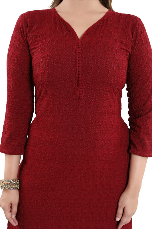 Maroon rayon embroidered straight kurti for women, 3/4th sleeve, casual or party occasion