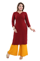 Maroon rayon embroidered straight kurti for women, casual or party occasion, 3/4th sleeve style