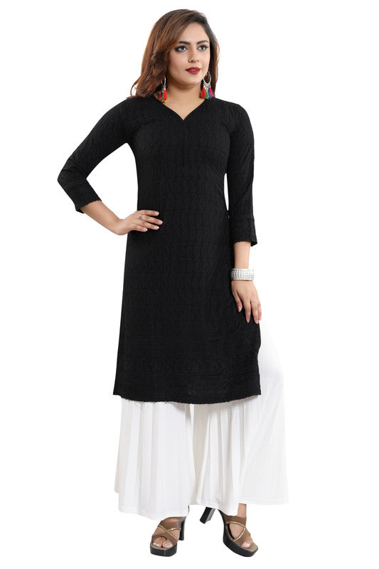 Black Rayon embroidered straight kurti with 3/4th sleeves, suitable for casual or party occasions for women
