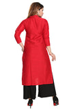 Red silk straight kurti for women with 3/4th sleeves, self-pattern style suitable for casual or party occasions
