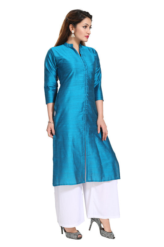 Blue silk self-pattern straight kurti with 3/4th sleeves for women, suitable for casual or party events