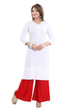 White Rayon embroidered straight kurti for women, 3/4th sleeve, casual or party occasion