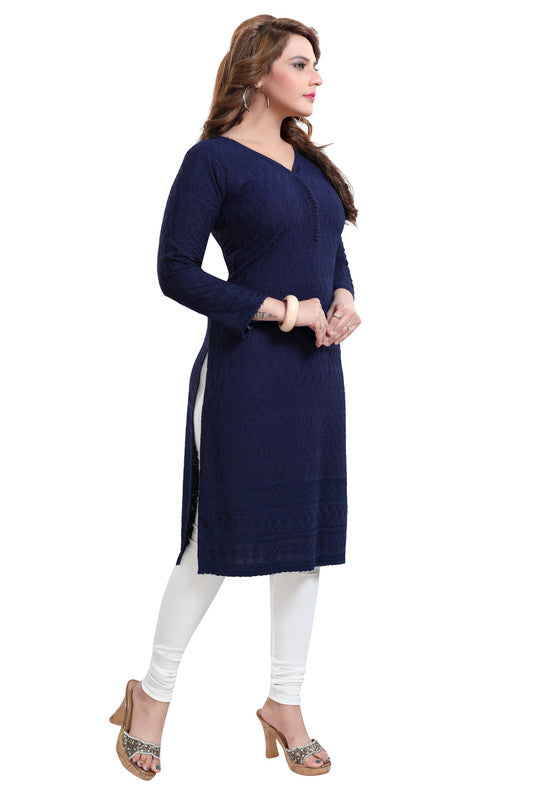 Navy blue rayon embroidered kurti for women, 3/4th sleeve, casual party wear