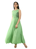 Green crepe sleeveless full length gown for women, solid design with round neckline on mannequin
