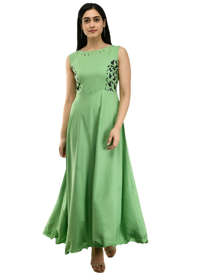 Green crepe sleeveless full-length gown for women, solid design on display