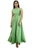 Green crepe sleeveless full-length gown for women, solid design on display