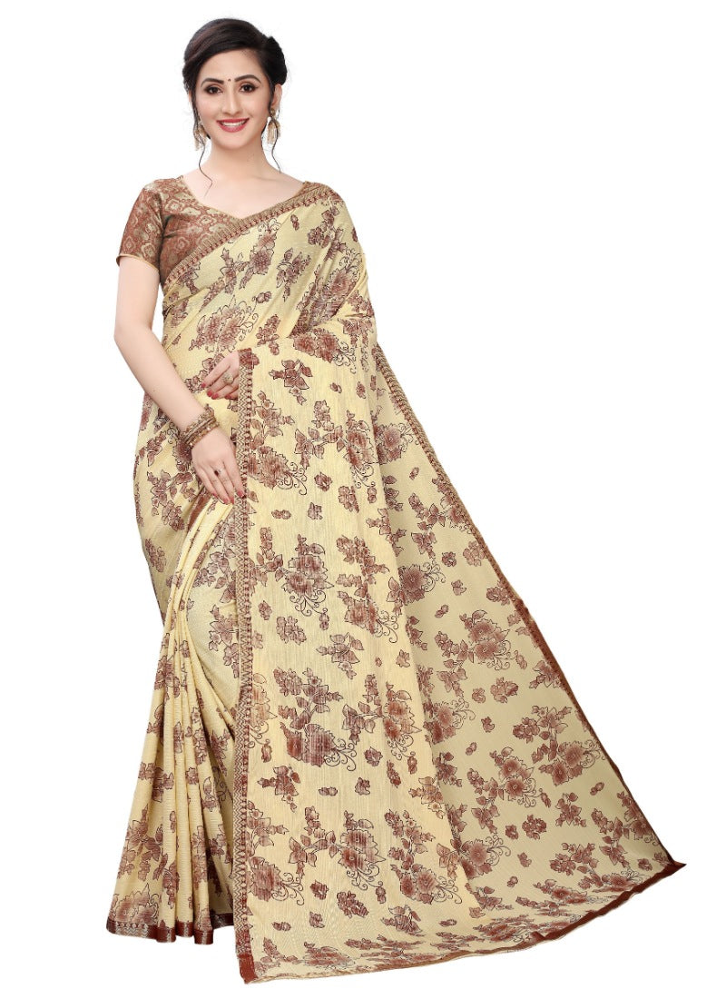 Beige Lycra blend saree (56Mtrs), versatile for casual and festive wear for women