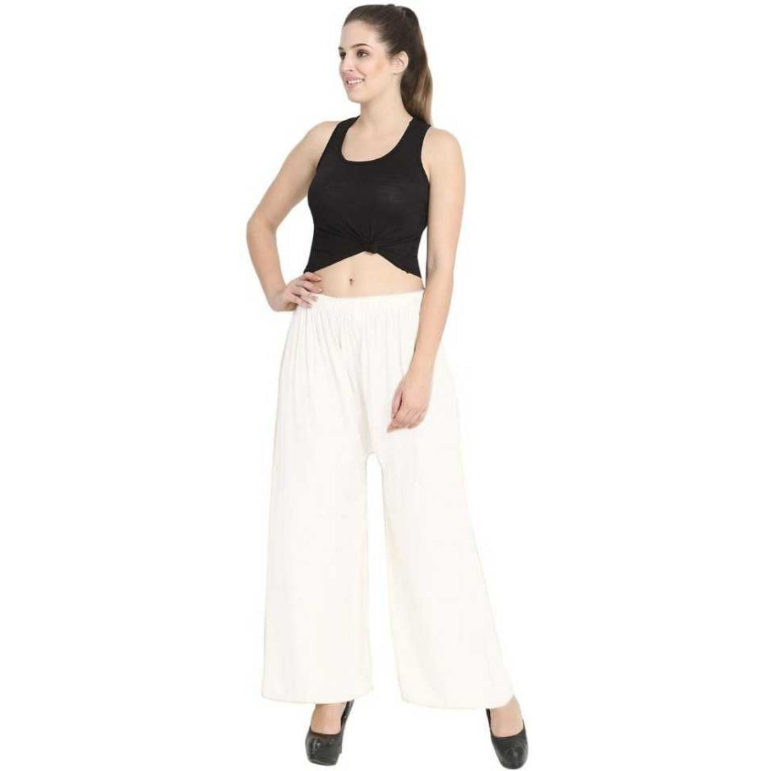 White solid cotton rayon palazzo pants for women, suitable for casual & party wear, soft hand wash or machine-washable