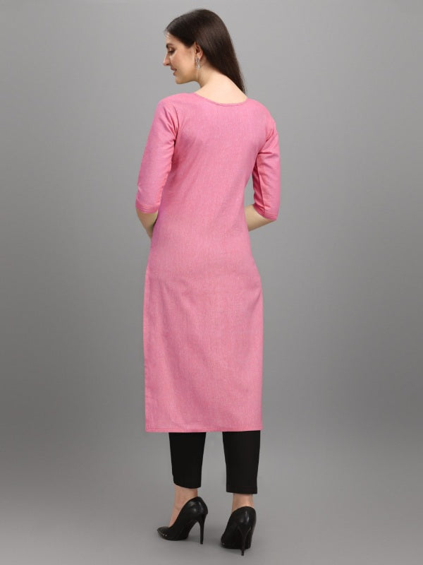 Women's pink cotton straight kurti for casual, festive wear, featuring round neck design