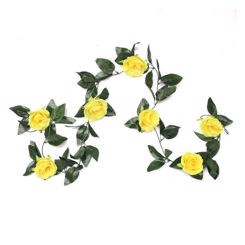 Yellow silk polyester artificial rose vine with green leaves, ideal for home party garden wall decoration