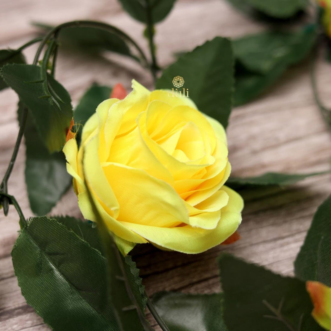 Yellow silk polyester artificial rose vine with green leaves for home party garden wall decoration